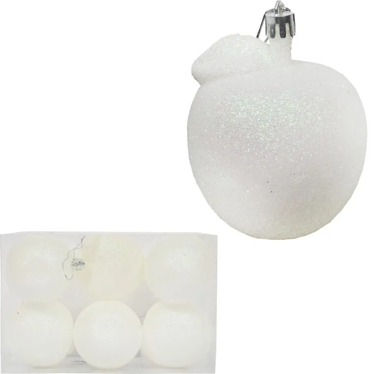 Zestaw 6 Bombek Bożonarodzeniowych Jabłka Z Brokatem, Plastikowych, 6 cm - Białe