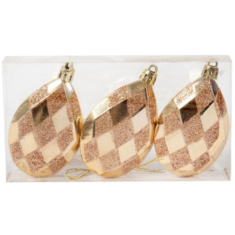Zestaw 3 Złotych Bombek W Kształcie Kropli, 9 cm, Z Brokatowym Dekorem