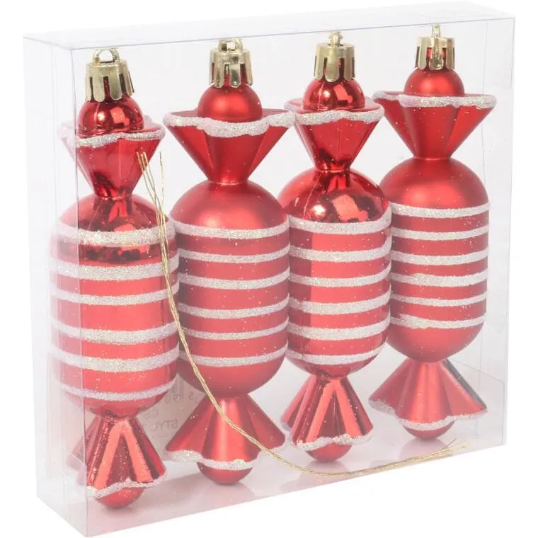 Zestaw 4 Bombek Plastikowych - Cukierki Czerwone 12.5 cm