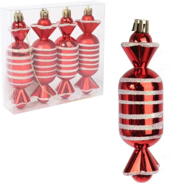 Zestaw 4 Bombek Plastikowych - Cukierki Czerwone 12.5 cm
