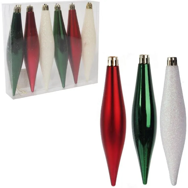 Zestaw 6 Eleganckich Plastikowych Bombek-Sopli 15 cm Do Dekoracji Świątecznej