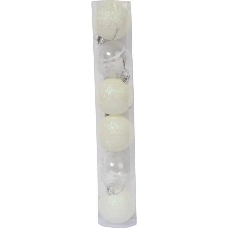 Zestaw 6 Białych Bombek Plastikowych Z Brokatem, 6 cm
