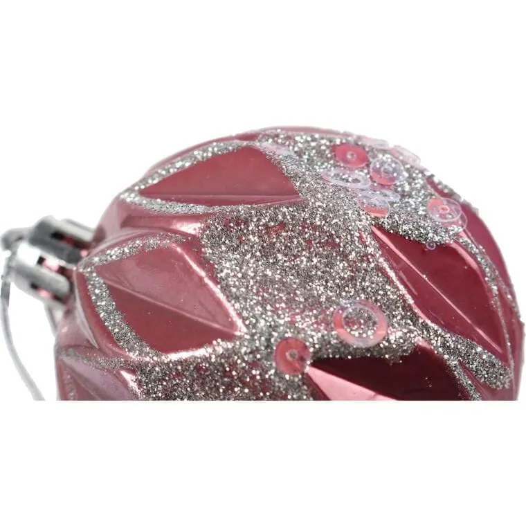 Zestaw 6 Eleganckich, Plastikowych Bombek Bożonarodzeniowych 6 cm - Kolor Różowy