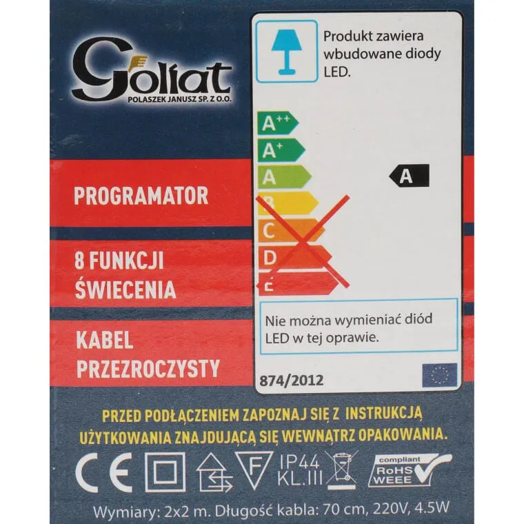 Siatka Dekoracyjna Z Lampkami LED Multikolor 2x2m, Przeznaczona Do Użycia Na Zewnątrz I Wewnątrz, 220V