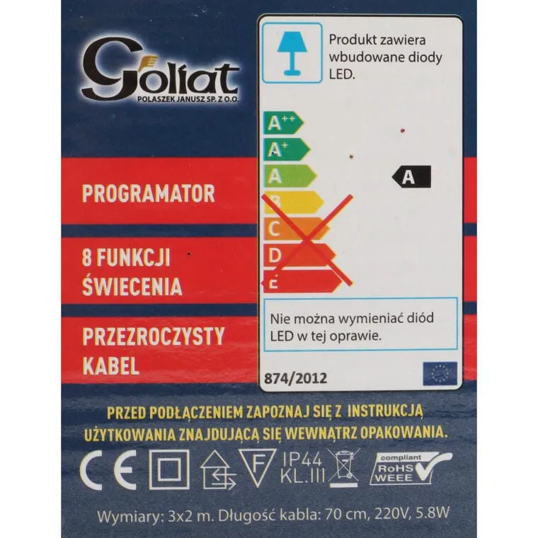 Lampki Choinkowe LED Na Siatce 3x2m, Ciepły Biały, Zasilanie Sieciowe, Przeznaczone Do Użycia Zewnętrznego