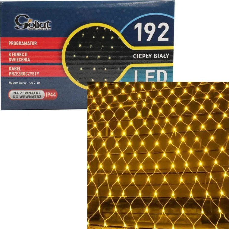 Lampki Choinkowe LED Na Siatce 3x2m, Ciepły Biały, Zasilanie Sieciowe, Przeznaczone Do Użycia Zewnętrznego