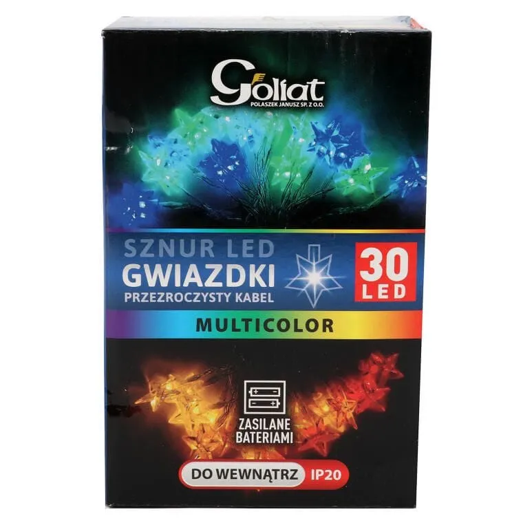 Multikolorowe Lampki LED W Kształcie Gwiazdek - Sznur 30 Sztuk - Zasilanie Bateryjne