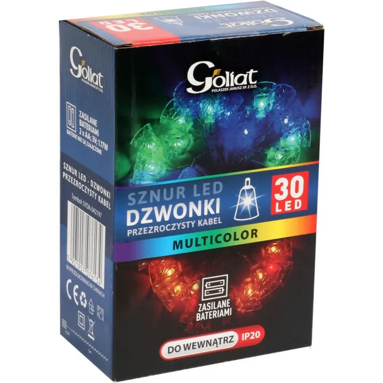 Lampki Bożonarodzeniowe LED - Dzwonki Multikolor Na Baterie, 30 Sztuk