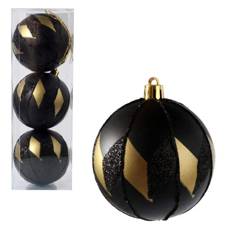 Komplet Eleganckich Bombek Świątecznych Luksusy, 3 szt., 8 cm - Czarno-Złote