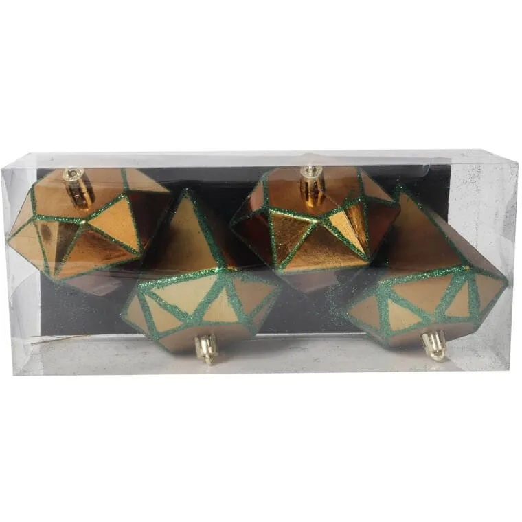 Zestaw 4 Złotych Bombek Plastikowych W Kształcie Diamentów Z Zielonym Brokatem, 10 cm