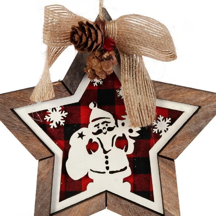 Gwiazda Drewniana 15 cm Zawieszka Z Obrazkiem W Mikołaja - Czerwona