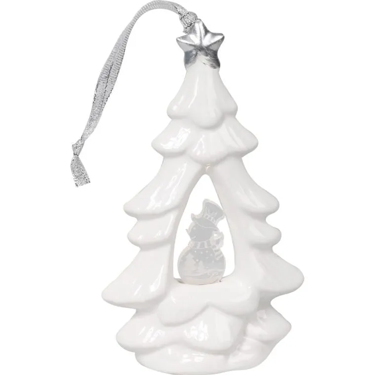 Choinka Ceramiczna Z Podświetlanym Bałwankiem LED, Biała, 15 cm