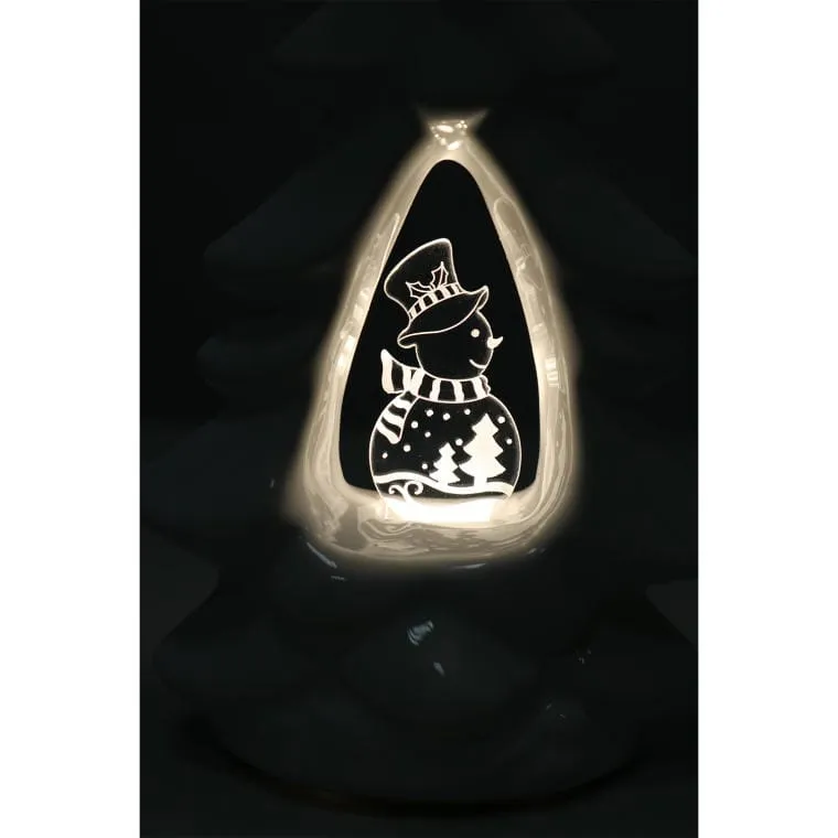 Choinka Ceramiczna Z Podświetlanym Bałwankiem LED, Biała, 15 cm