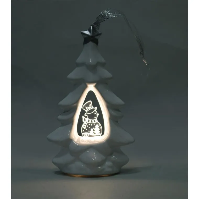 Choinka Ceramiczna Z Podświetlanym Bałwankiem LED, Biała, 15 cm