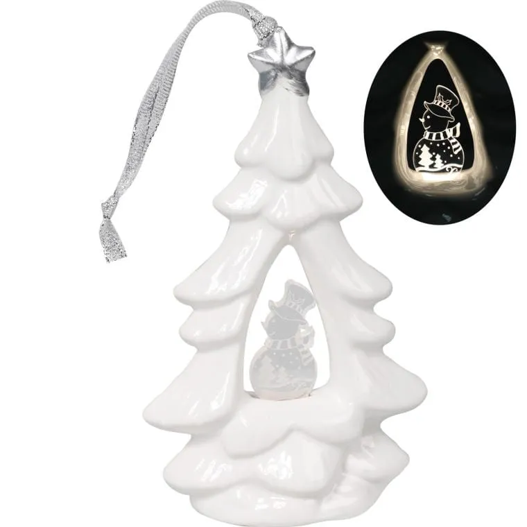 Choinka Ceramiczna Z Podświetlanym Bałwankiem LED, Biała, 15 cm