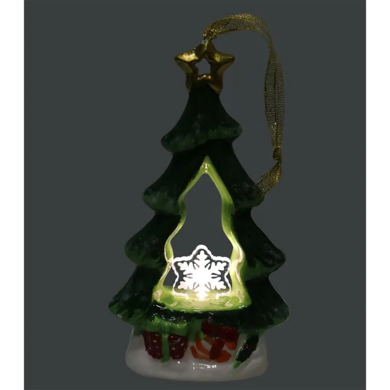 Ceramiczna Choinka Świąteczna Z Podświetlaną Śnieżynką LED 15 cm