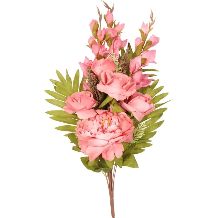 Bukiet Płaska Wiązanka Nagrobna Mix Gladioli Róż I Piwonii 68cm - Różowy