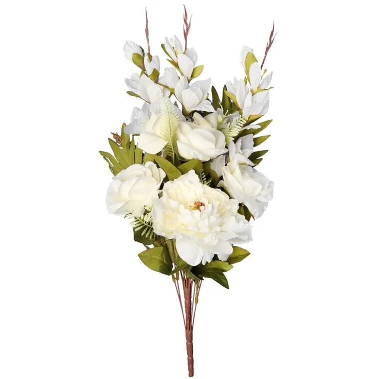Bukiet Płaska Wiązanka Nagrobna Mix Gladioli Róż I Piwonii 68cm - BIAŁA