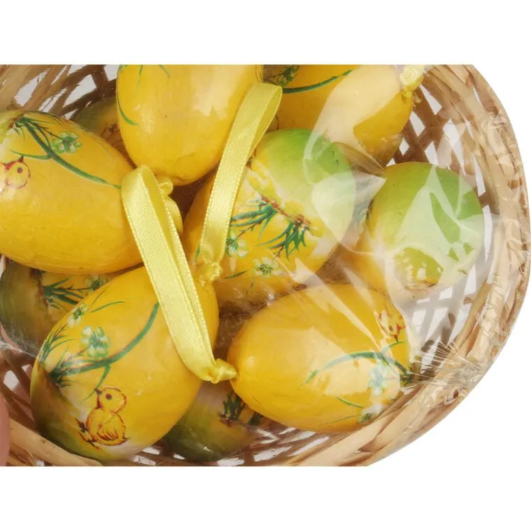 Zestaw Wielkanocnych Ozdób - Żółte Jajka Styropianowe W Koszyczku 10 szt, 8 cm