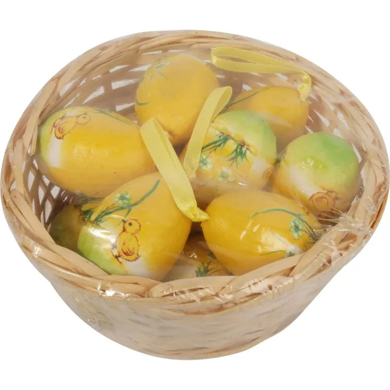 Zestaw Wielkanocnych Ozdób - Żółte Jajka Styropianowe W Koszyczku 10 szt, 8 cm