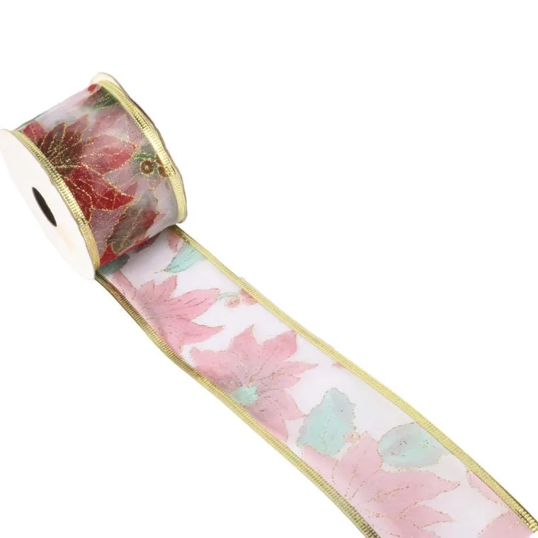 Wstążka Dekoracyjna Świąteczna Kwiatowo 5 cm X 2,7 m - Złota