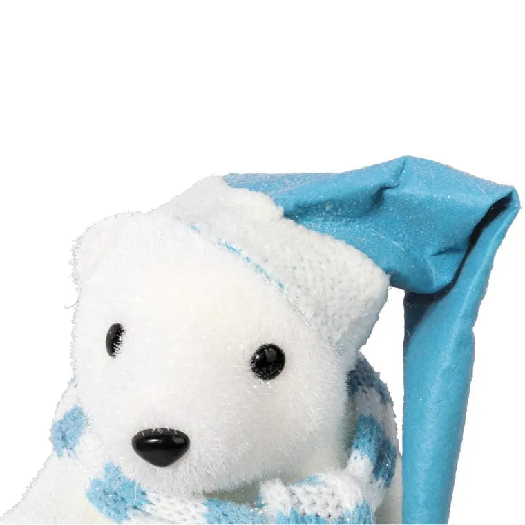 Figurka Świąteczna Niedźwiedź Polarny W Niebieskiej Czapie I Szaliku 43 cm