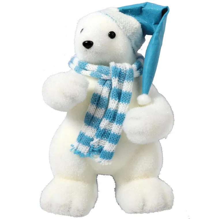 Figurka Świąteczna Niedźwiedź Polarny W Niebieskiej Czapie I Szaliku 43 cm