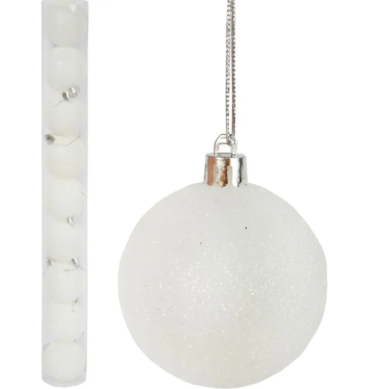 Zestaw 9 Białych Bombek Bożonarodzeniowych Z Brokatem, Plastikowych, 6 cm