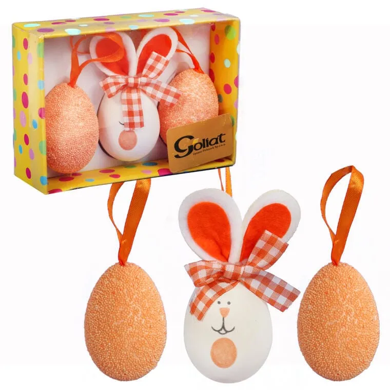 Komplet 3 Dekoracyjnych Jajek Wielkanocnych Na Zawieszce, 10cm, Kolor - Pomarańczowy