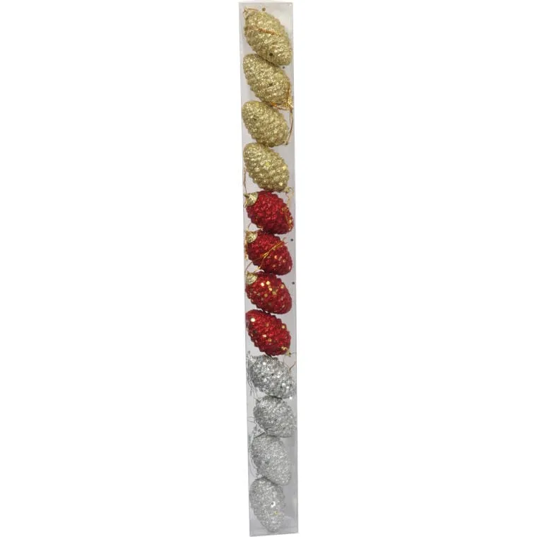 12 Dekoracyjnych Bombek Szyszka 7 cm Z Brokatem W 3 Kolorach