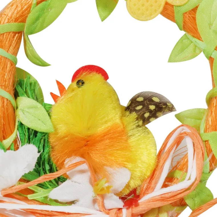 Zawieszka Wielkanocna Wianek Z Kurczakiem I Filcowymi Ozdobami - Pomarańczowa