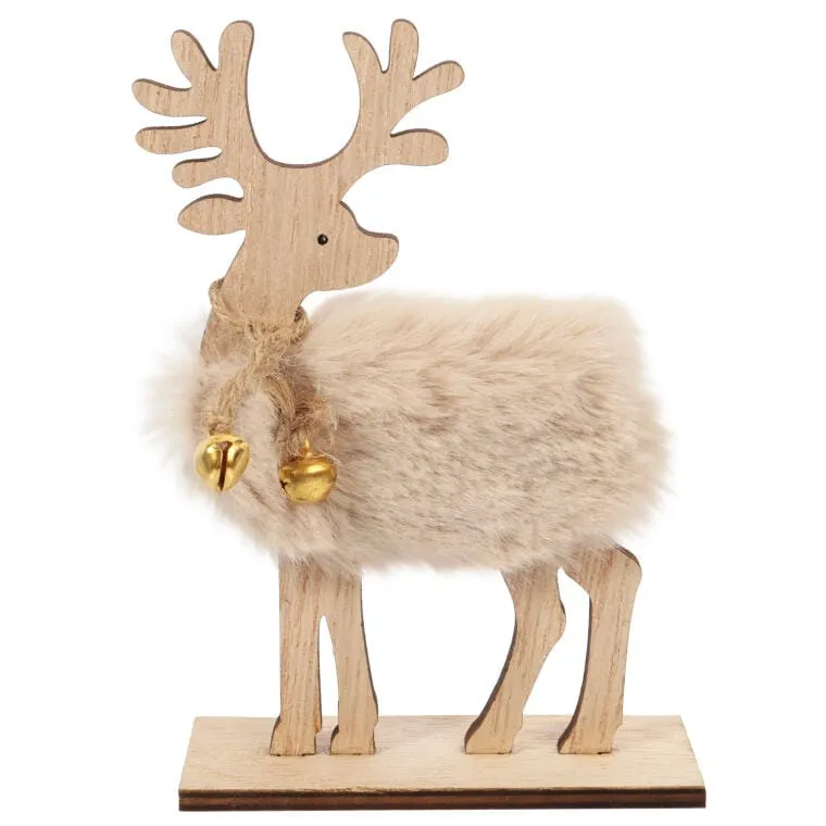 Figurka Świątecznego Renifera Z Dzwonkiem Wykończona Sztucznym Futrem I Brokatem 14cm