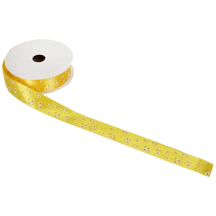 Wstążka Wiosenna Z Kwiatkami 2,5 cm Do Dekoracji Wielkanocnych I Prezentów, 3m - Żółta
