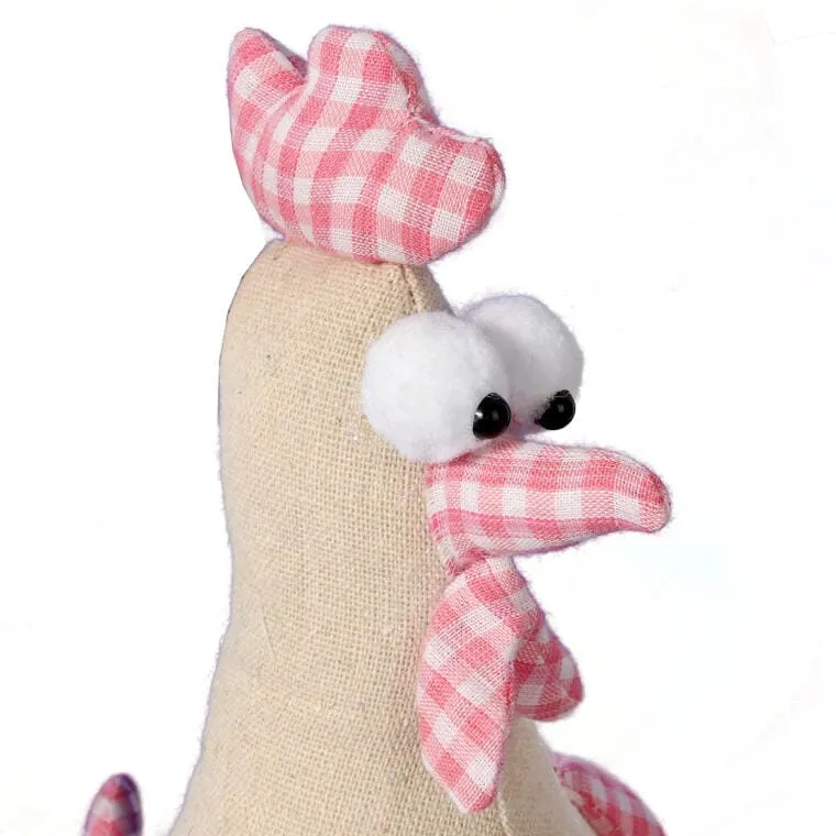 Kura Wielkanocna Z Materiału 25cm - Dekoracja Wiosenna W Biało-Różową Kratkę