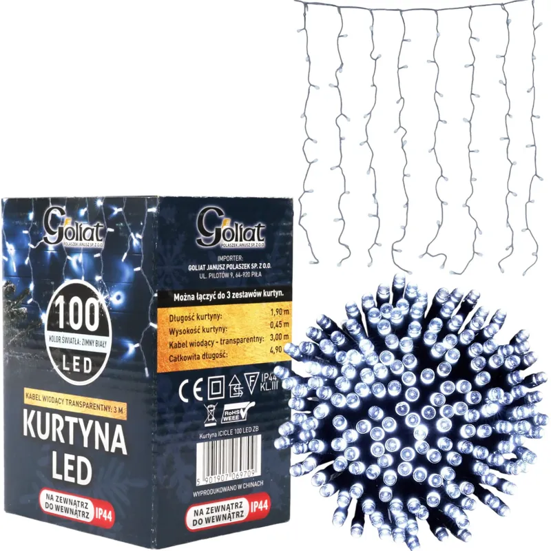 Kurtyna Świetlna LED Sople 100 Diód, Zimny Biały, 3m, 6W Energooszczędna, Zasilanie Sieciowe