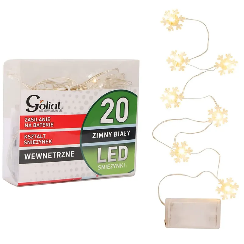 Lampki Świąteczne: 20 LED Śnieżynki Na Niewidocznym Druciku, Ciepłe Światło, Zasilane Bateriami AA - Białe