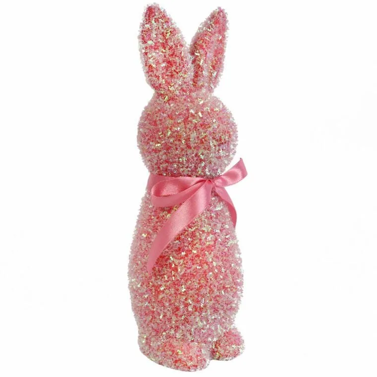 Zając Ozdoba Wielkanocna Flokowana Z Brokatem L 25 cm - Różowa