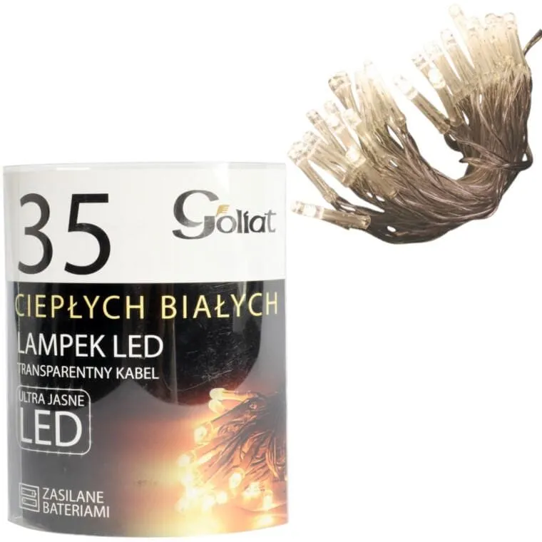 Lampki Choinkowe LED 35 Sztuk, Ciepły Biały, Zasilane Bateriami 2XAA (Baterie Nie Załączone) - Do Użytku Wewnętrznego