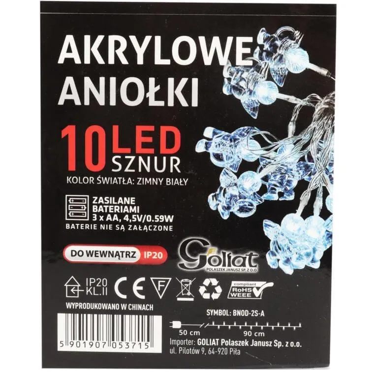 Lampki Choinkowe Na Sznurze AKRYLOWE ANIOŁKI 10 LED Na Baterie