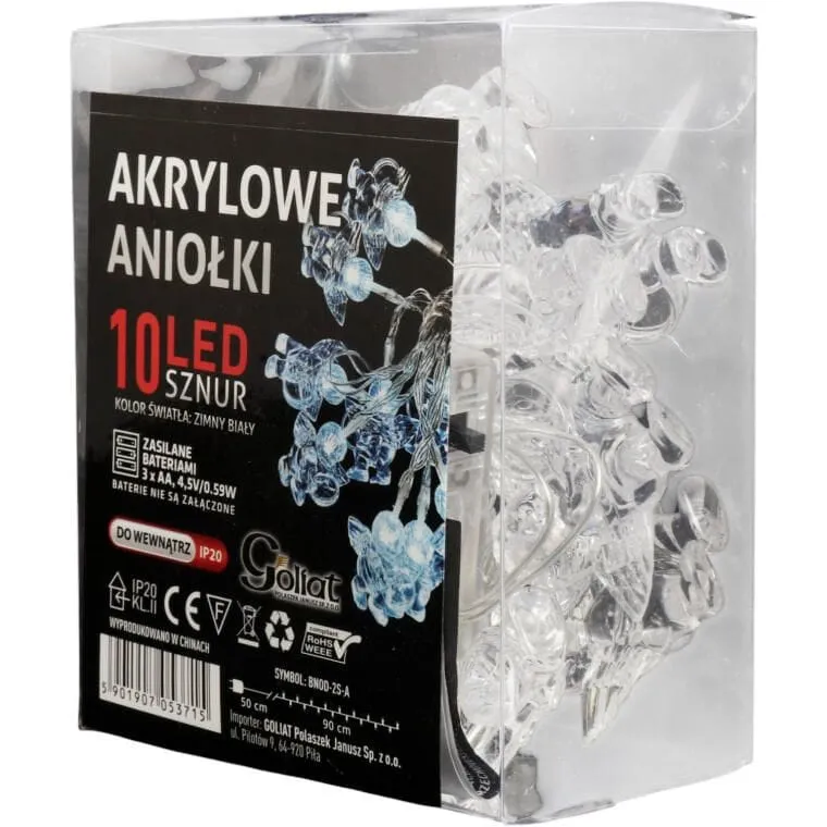 Lampki Choinkowe Na Sznurze AKRYLOWE ANIOŁKI 10 LED Na Baterie