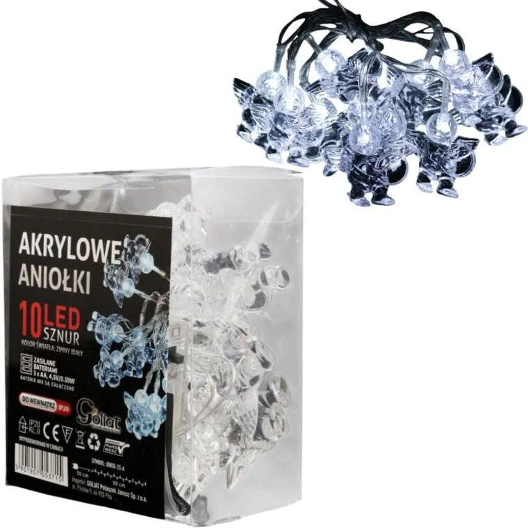 Lampki Choinkowe Na Sznurze AKRYLOWE ANIOŁKI 10 LED Na Baterie