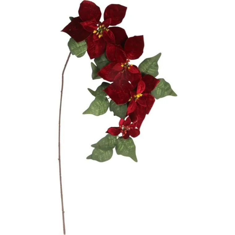 Gałązka Eleganckiej Welurowej Poinsecji 72 cm Kolor - Bordowy