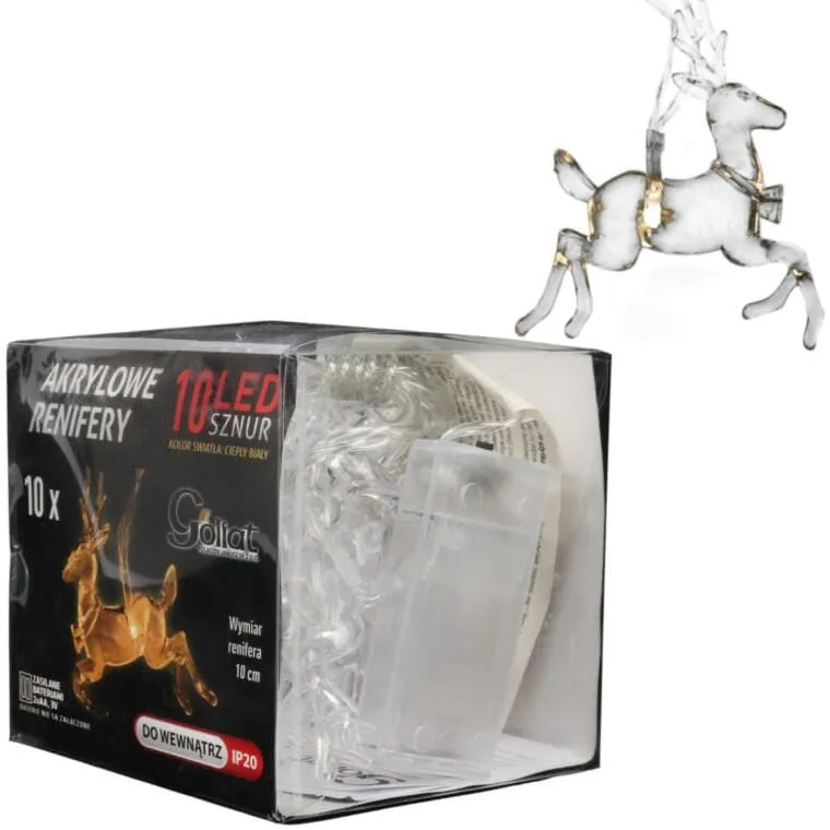 Lampki Choinkowe Na Sznurze AKRYLOWE RENIFERY 10 LED Na Baterie 10 cm