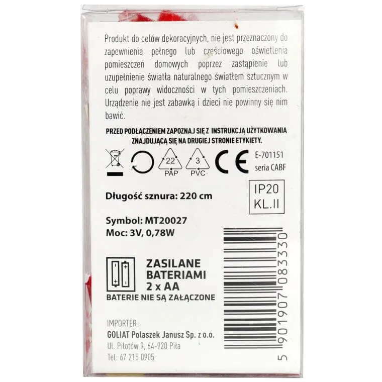 Lampki Choinkowe Na Sznurze CZAPKI MIKOŁAJA 20 LED Na Baterie