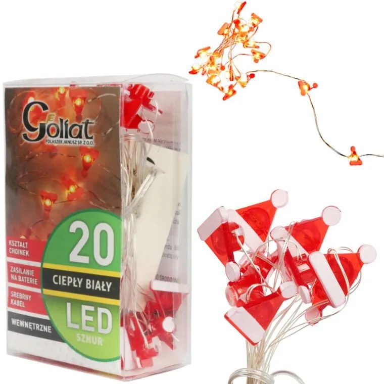 Lampki Choinkowe Na Sznurze CZAPKI MIKOŁAJA 20 LED Na Baterie