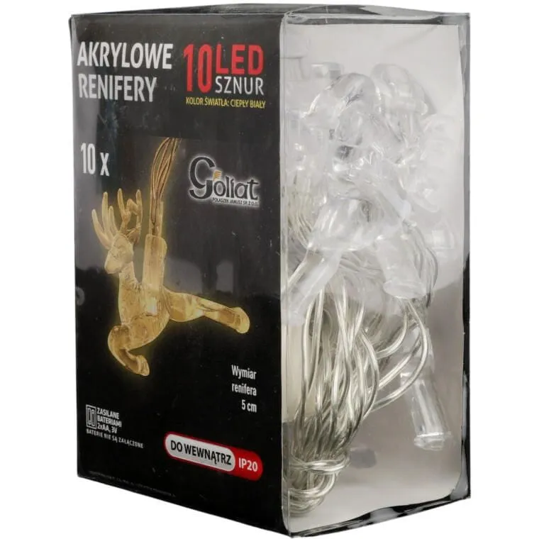 Lampki Choinkowe Na Sznurze AKRYLOWE RENIFERY 10 LED Na Baterie