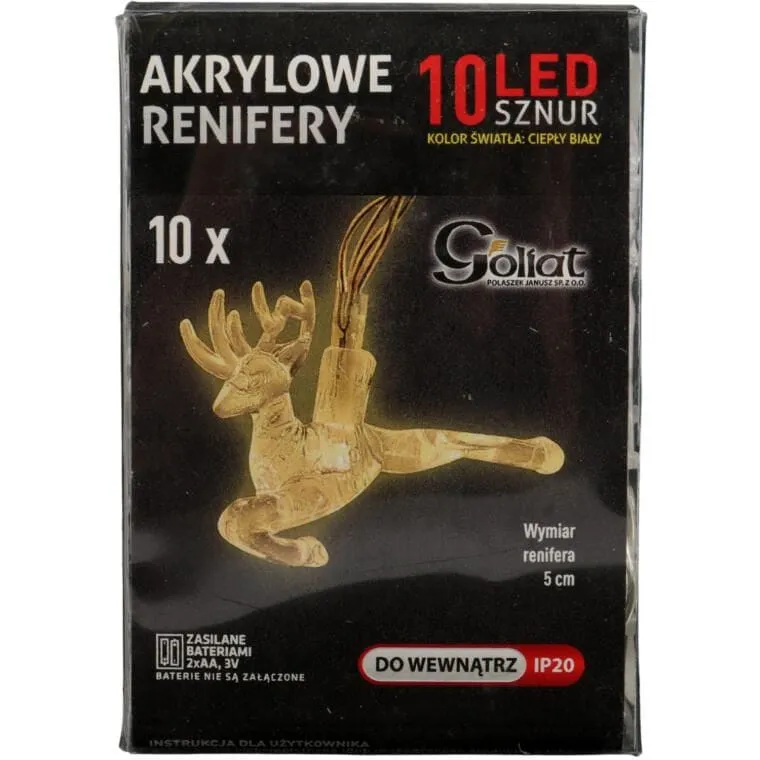 Lampki Choinkowe Na Sznurze AKRYLOWE RENIFERY 10 LED Na Baterie