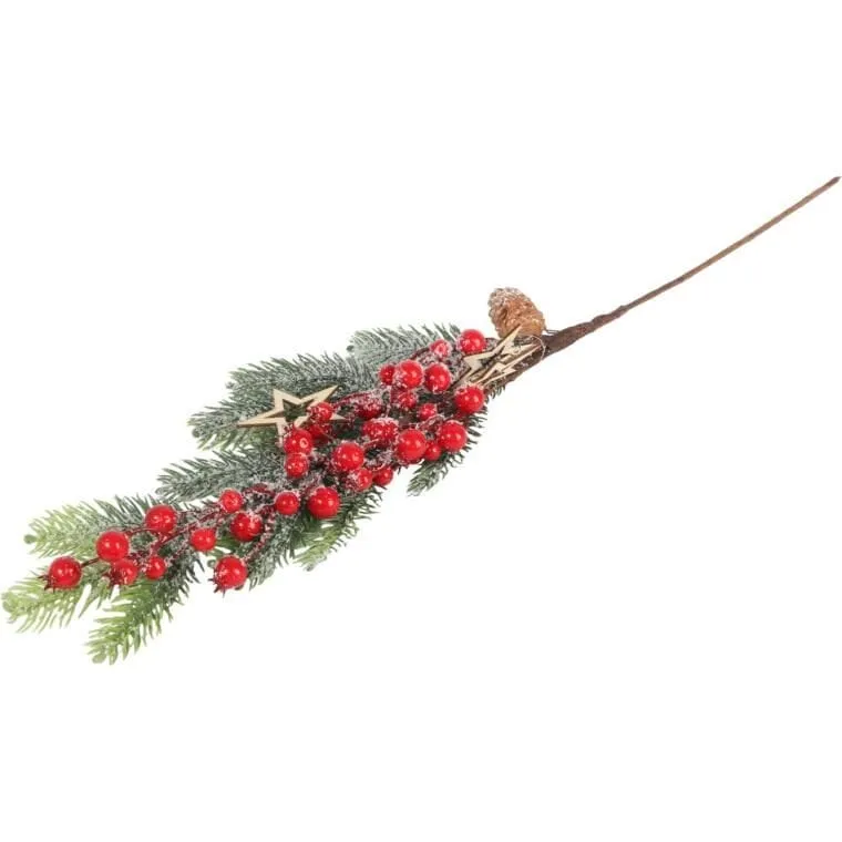 Gałązka Świerkowa Z Jarzębiną I Gwiazdkami Ośnieżona 64 cm - Czerwona