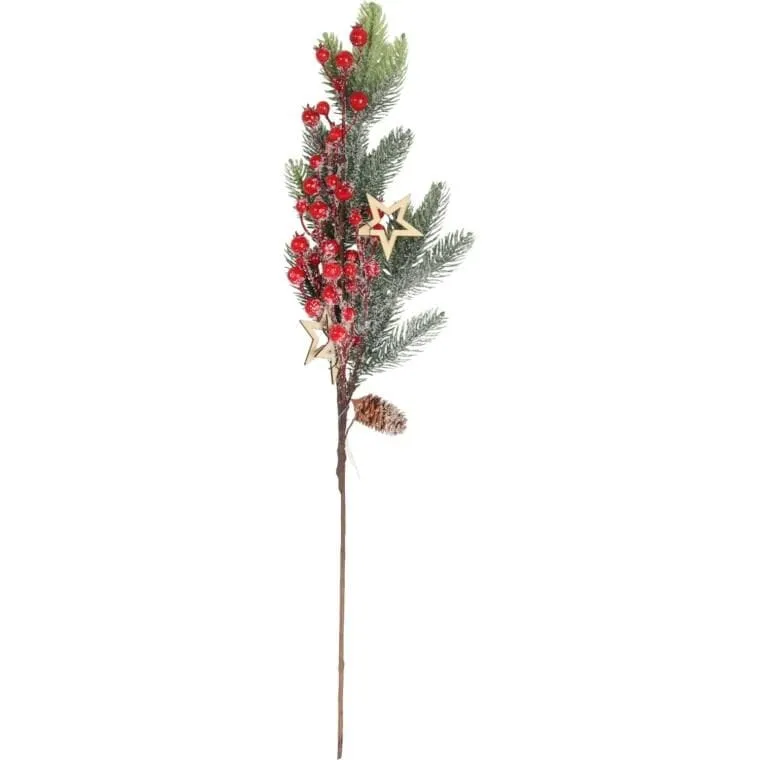 Gałązka Świerkowa Z Jarzębiną I Gwiazdkami Ośnieżona 64 cm - Czerwona