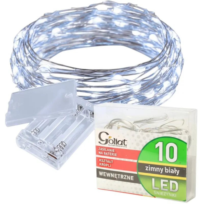 Energooszczędne Lampki Choinkowe-Łezki Na Białym Druciku Z 10 LED, Zimny Kolor, Zasilane Na Baterie AA - Biały